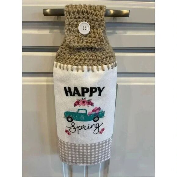 COPY - Crochet Top Kitchen Towel- Happy Spring antique Pickup Truck Flowers - Picture 3 of 3
